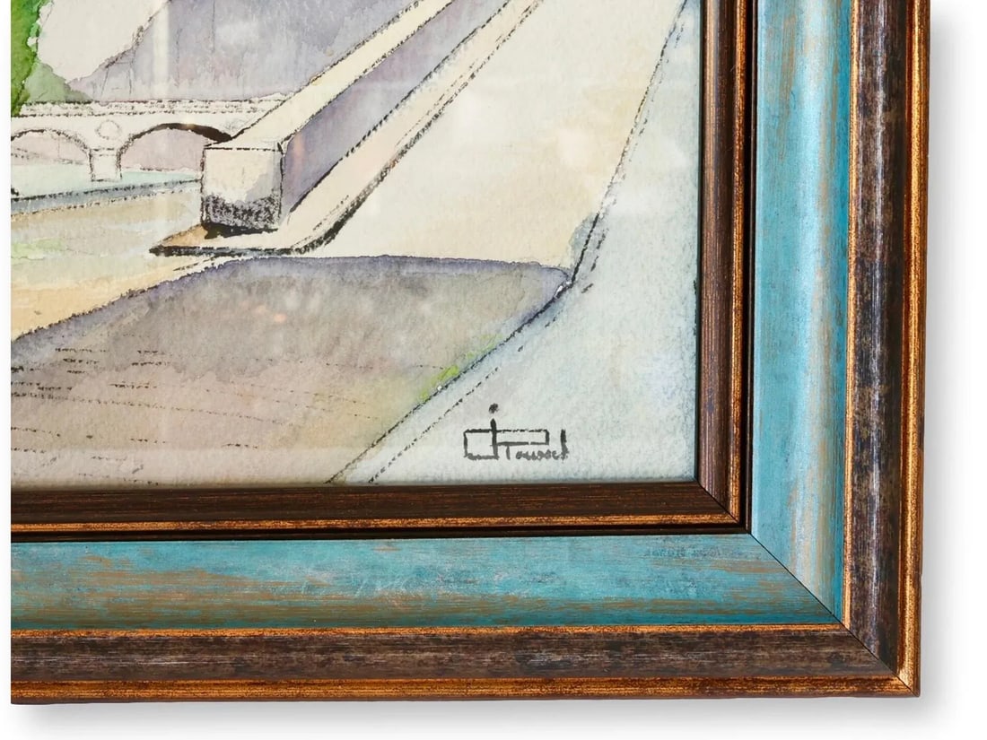Vintage French Village Watercolor in Teal & Gilt Frame, Signed - 2