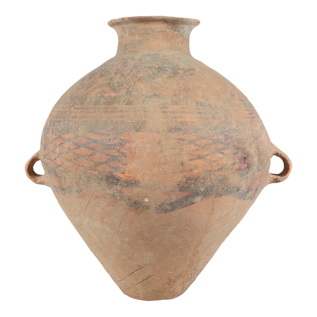Chinese Neolithic Painted Ovoid Pottery Jar, Machang Period #7: Chinese Neolithic Ovoid Pottery Jar from the Majiayao Culture, specifically the Machang phase, in northwest China, and dating back roughly 4000 years. Jar is made from earthenware and painted