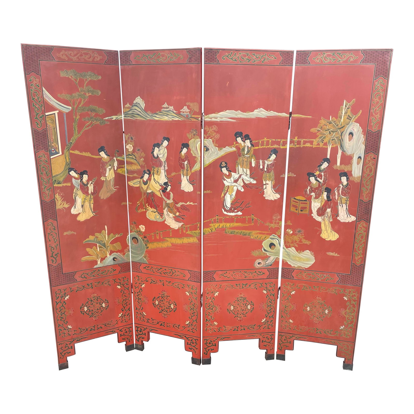 Antique Chinese Four-Panel Lacquer Screen – Hand-Painted Garden Scene With Female Figures (1 of 12)
