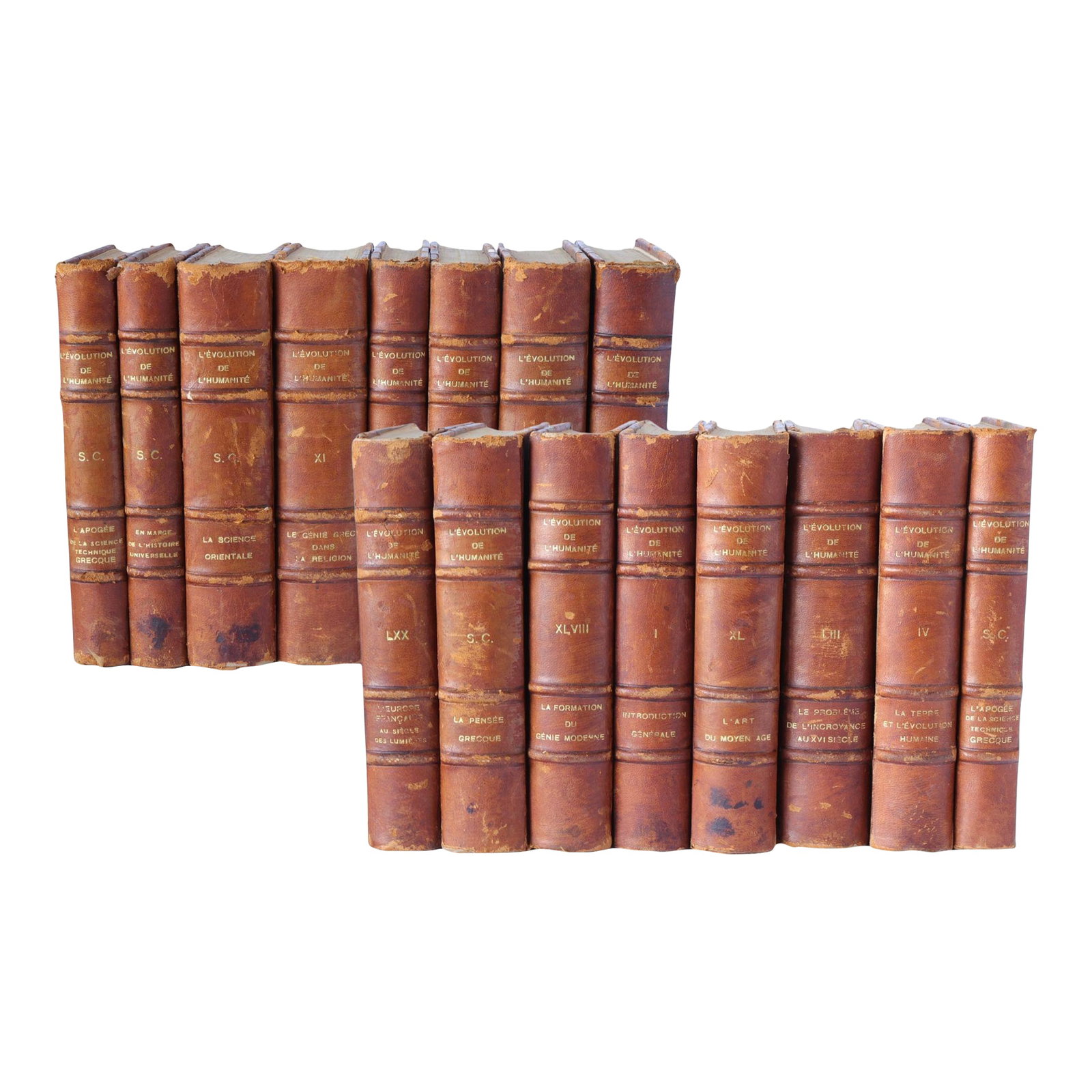 1920 French Evolution of Humanity Books: Complete 16-volume set of L'Évolution de l'Humanité, published in Paris by La Renaissance du Livre, 1920. Leather-bound with gilt titles, marbled endpapers, and raised bands. This scholarly