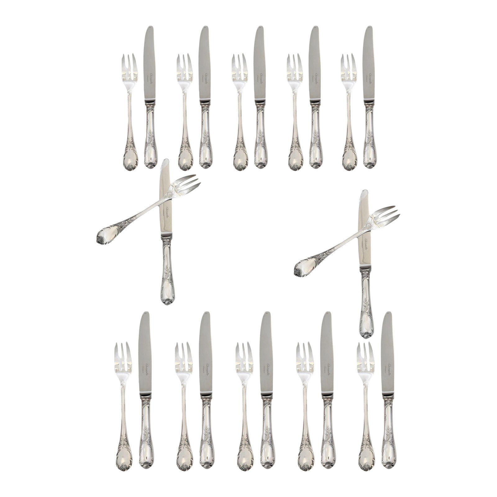 French Christofle 'Marly' Pattern Dessert Flatware Set: Ornate 24-piece silverplate dessert set by Christofle Paris in the beloved Marly pattern, introduced in 1890 and known for its rococo scrollwork, shell accents, and fine French craftsmanship. Includes