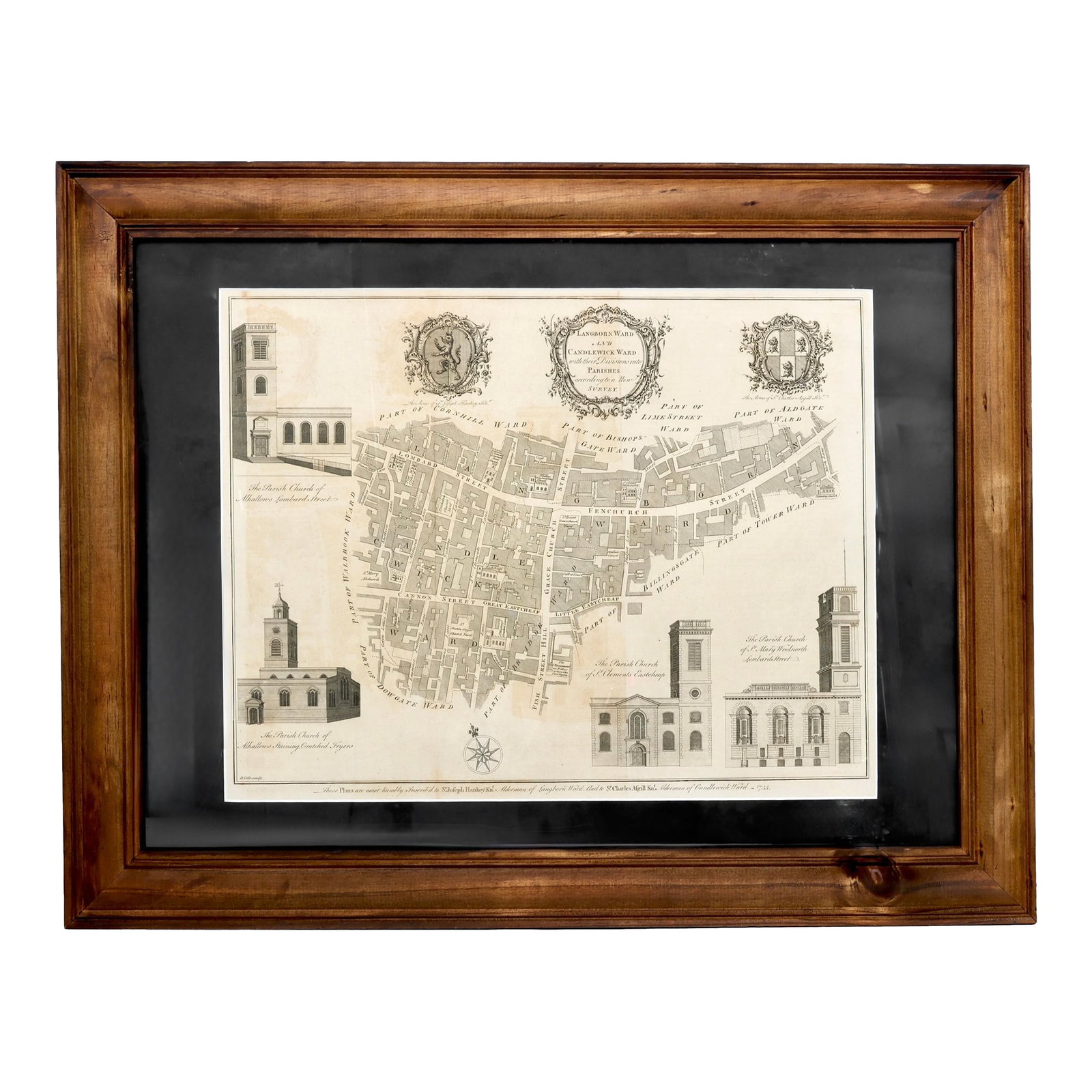 Framed Original 1755 Cartography Map of London: An original 1755 engraved map of London's Langborn and Candlewick Wards, beautifully detailed with parish boundaries, church elevations, and a rare civic dedication. Signed on the bottom left, Dated