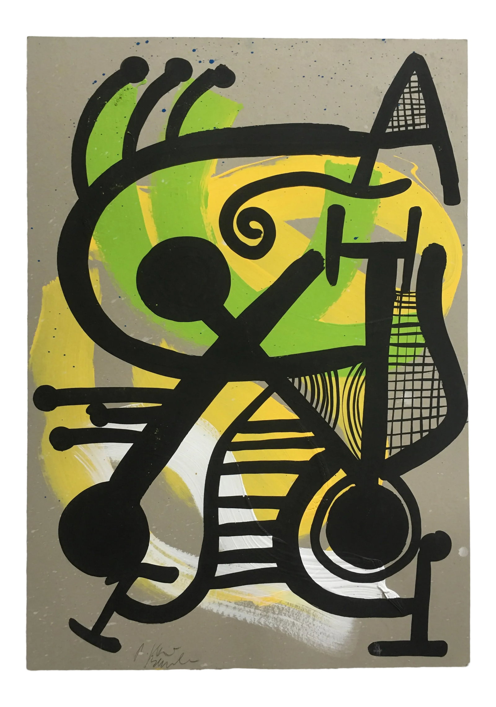 Miróvian Style Peter Keil Painting, Berlin: Peter Keil is a German artist who focuses primarily on abstract expressionism. Keil painted with some of the greats, including Joan Miró, Pablo Picasso, and Andy Warhol, to name a few. This is a