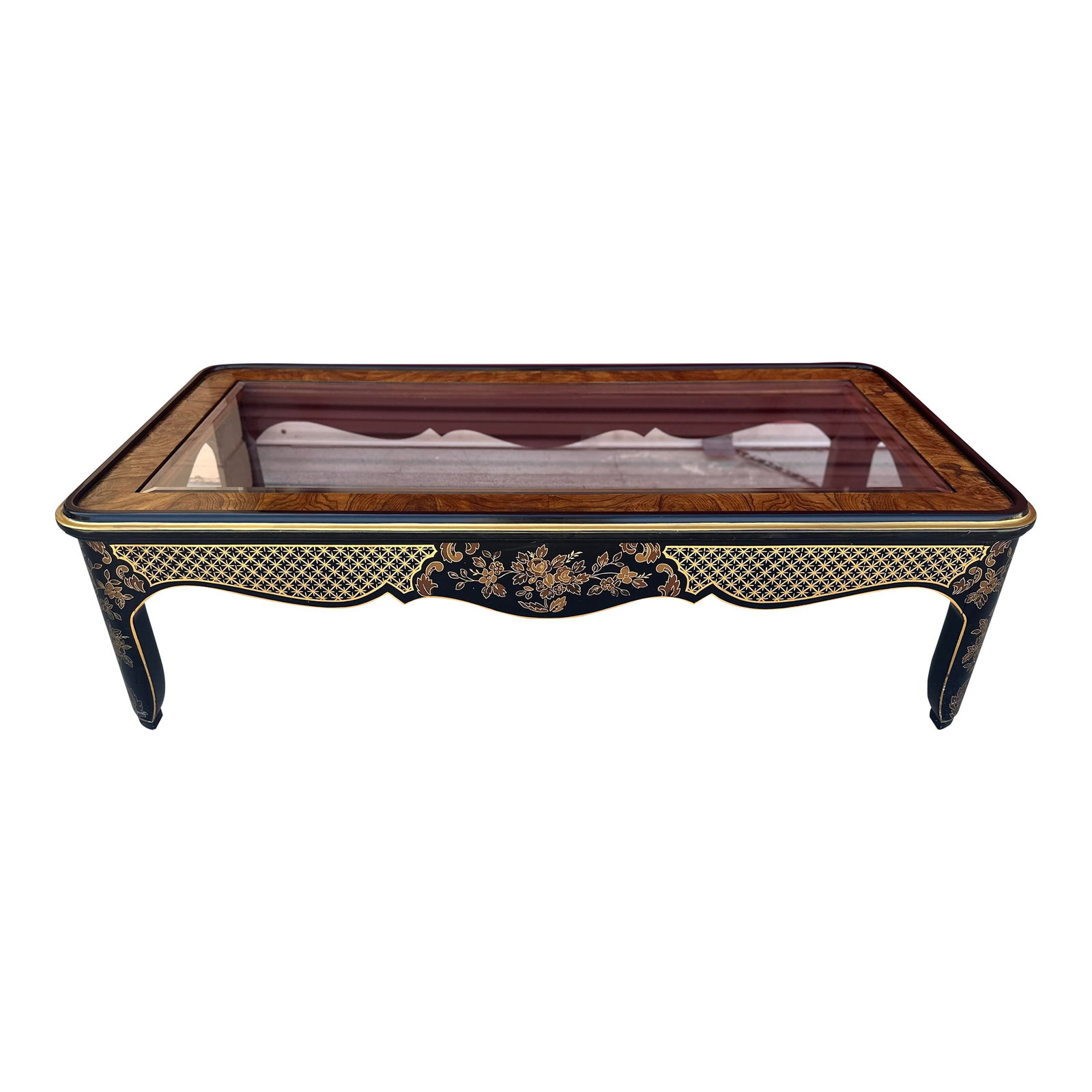 Drexel Heritage Et.Cetera Chinoiserie Rectangular Coffee Table: Vintage Drexel Heritage Et Cetera Coffee Table featuring a rectangular Hollywood Regency form with Chinoiserie japanned Black lacquer hand painted motif with gold detail of florals, lattice designs