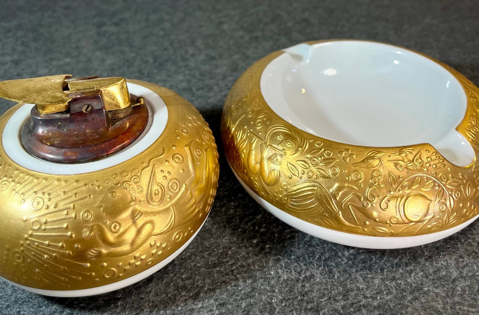 1970s Rosenthal Germany Magic Flute Gold Porcelain Ashtray & Cigarette Lighter- 2 Pieces - 2