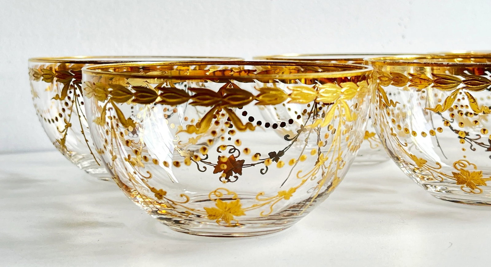 Antique Bohemian Gilt Glass Dessert Bowls With Draped Garland Motif - Set of 6 - 2