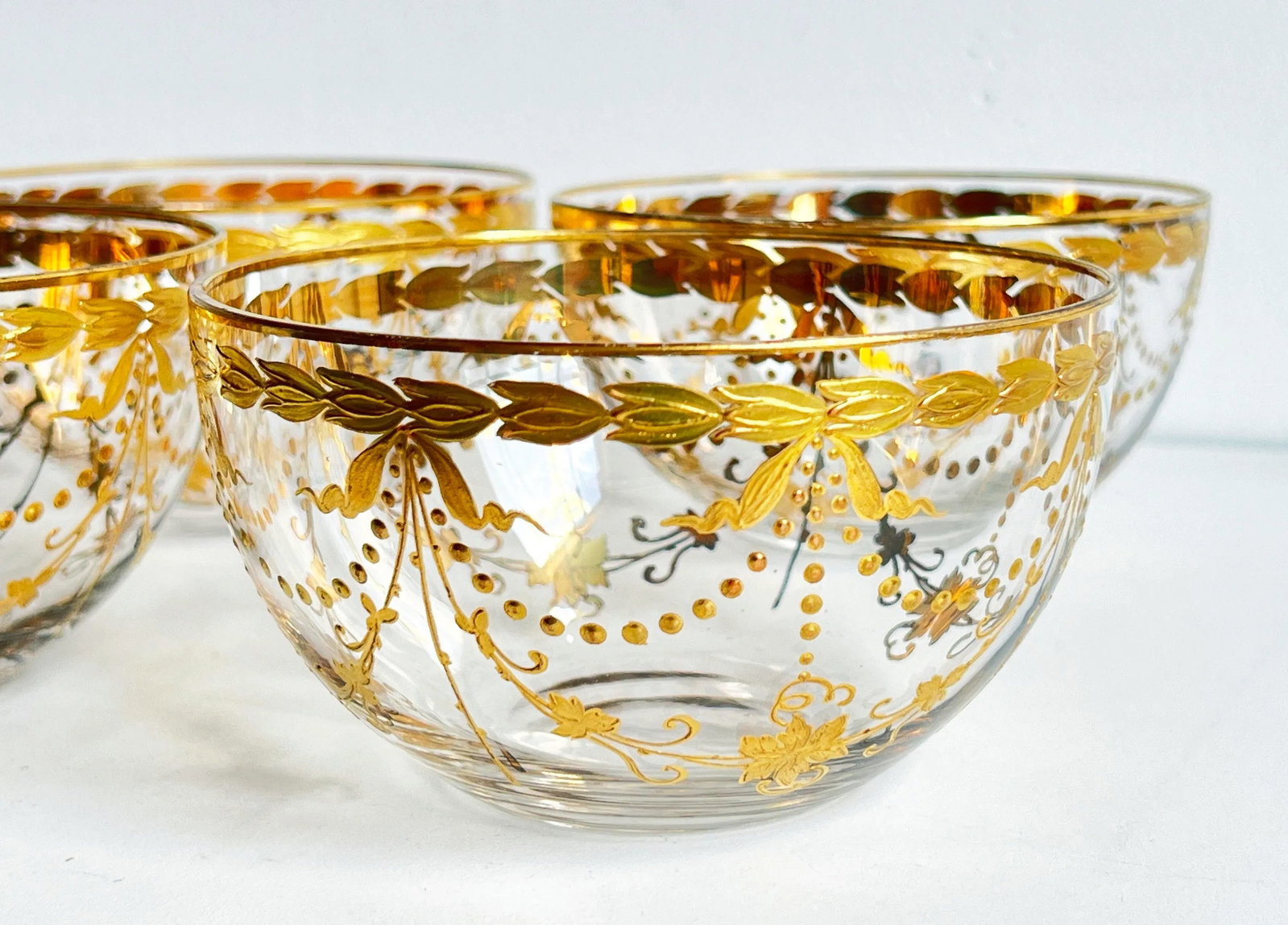 Antique Bohemian Gilt Glass Dessert Bowls With Draped Garland Motif - Set of 6 - 4