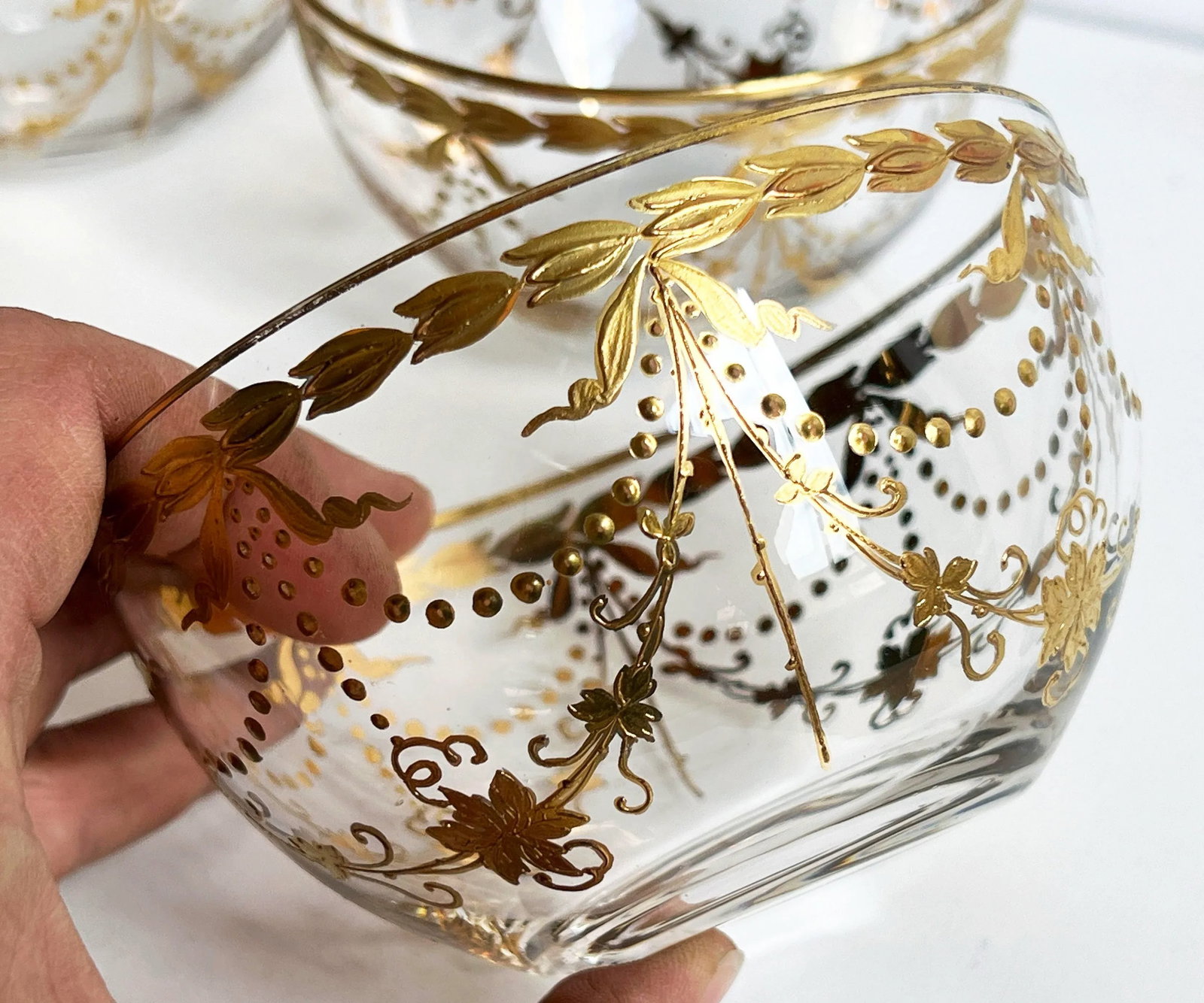 Antique Bohemian Gilt Glass Dessert Bowls With Draped Garland Motif - Set of 6 - 7