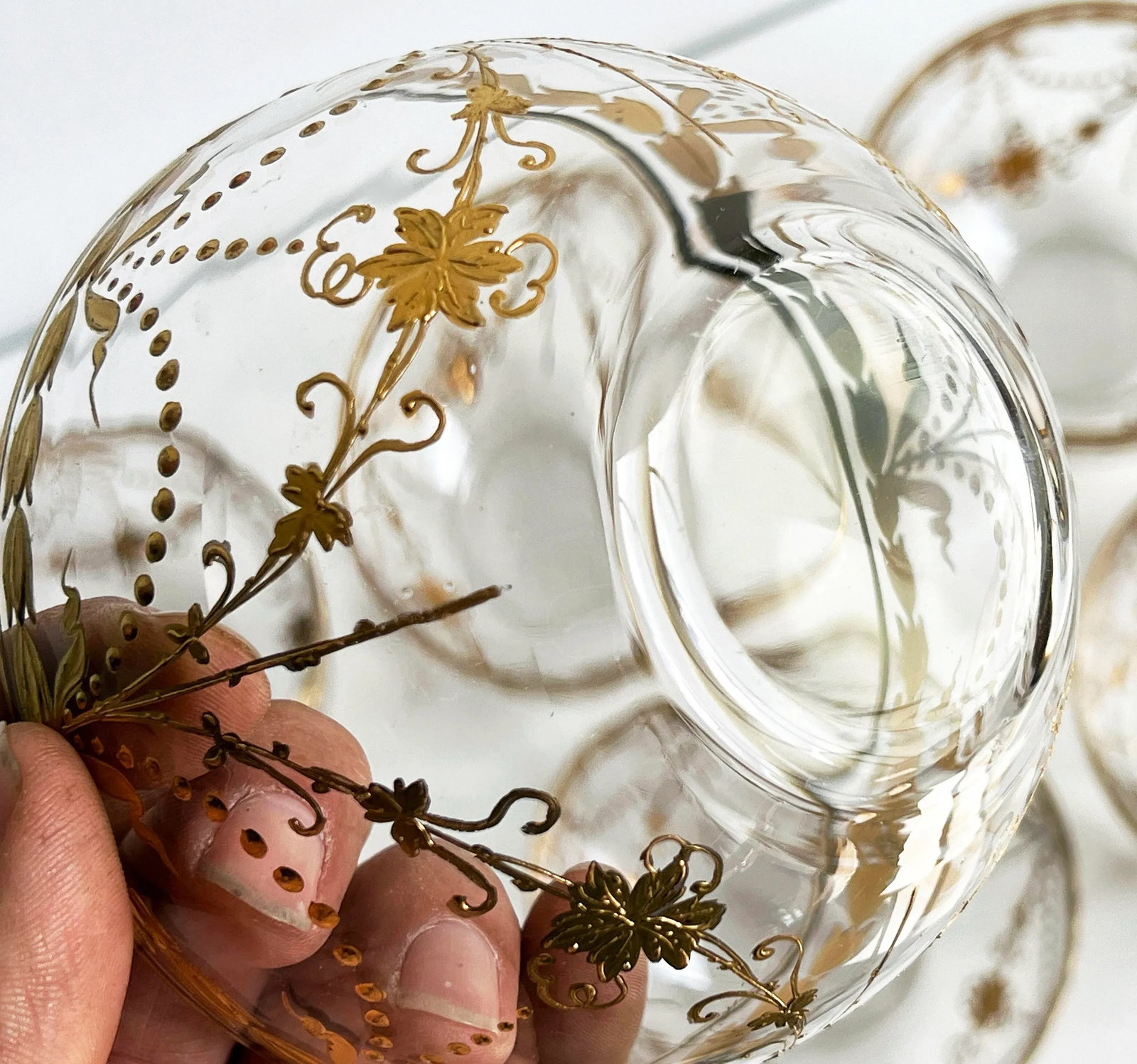 Antique Bohemian Gilt Glass Dessert Bowls With Draped Garland Motif - Set of 6 - 8