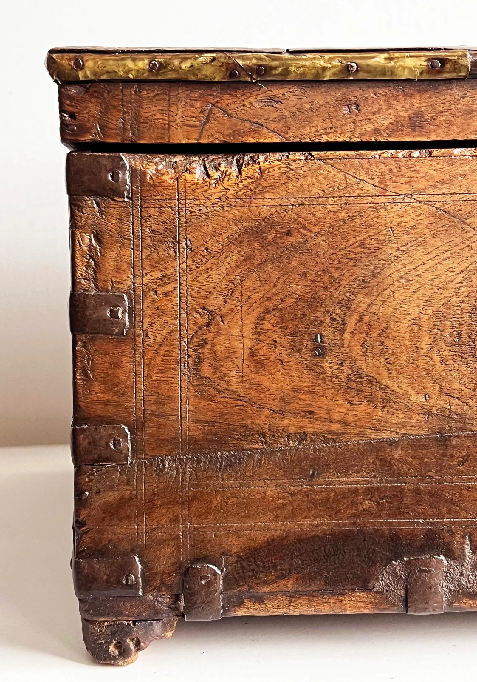 Antique 18th C. Indian Teak 18" Dowry Chest / Box With Iron Strapping and Brass Detailing - 10