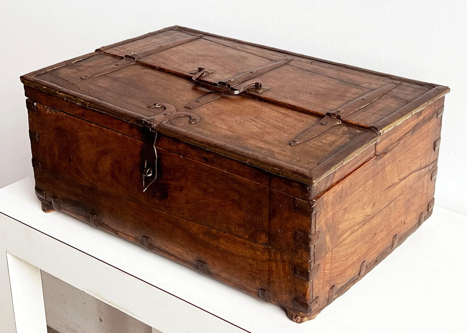 Antique 18th C. Indian Teak 18" Dowry Chest / Box With Iron Strapping and Brass Detailing - 2