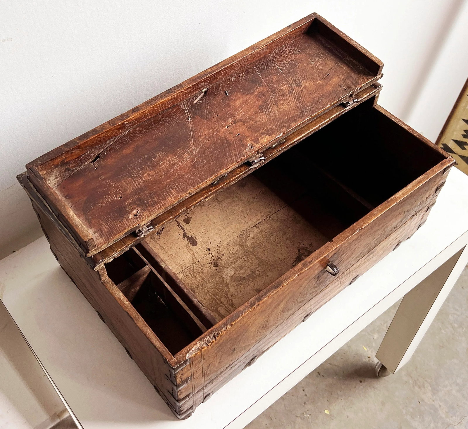 Antique 18th C. Indian Teak 18" Dowry Chest / Box With Iron Strapping and Brass Detailing - 6