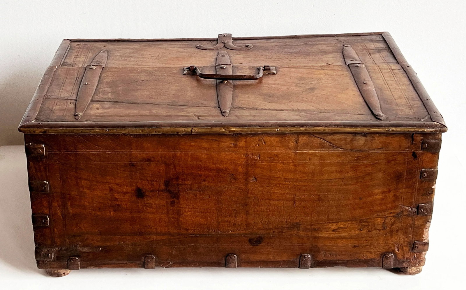 Antique 18th C. Indian Teak 18" Dowry Chest / Box With Iron Strapping and Brass Detailing - 7