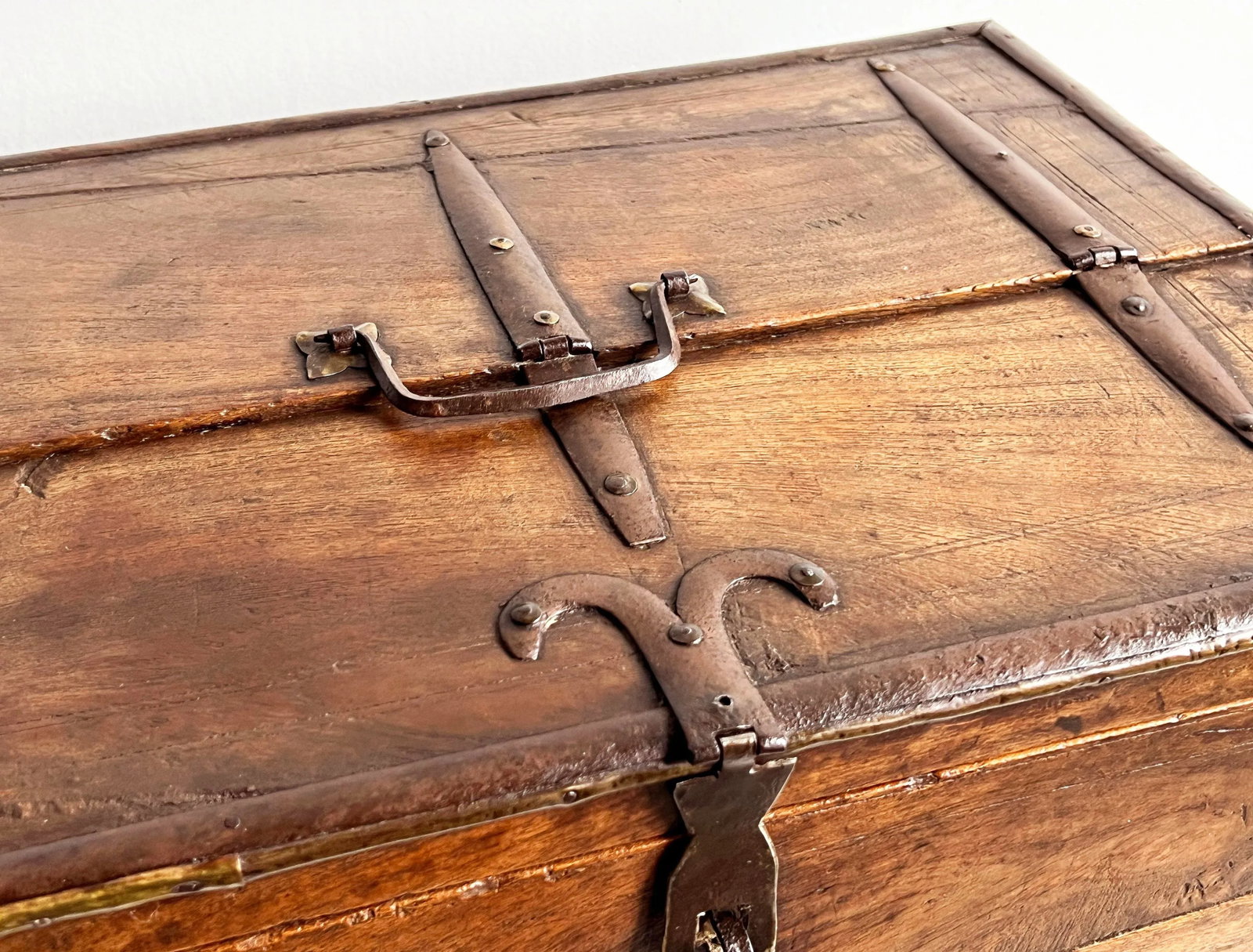 Antique 18th C. Indian Teak 18" Dowry Chest / Box With Iron Strapping and Brass Detailing - 8