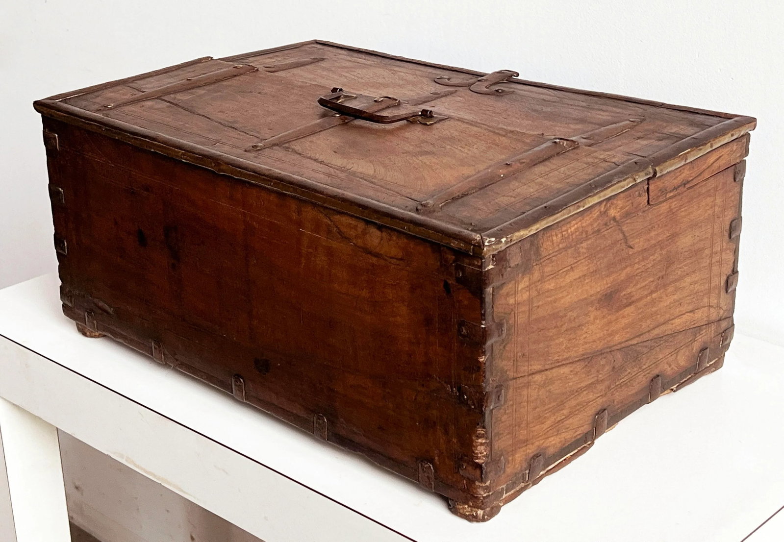Antique 18th C. Indian Teak 18" Dowry Chest / Box With Iron Strapping and Brass Detailing - 9