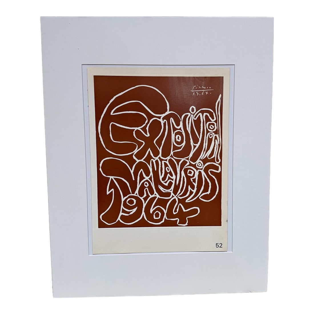 1964 Picasso Poster Exposition Vallauris, Mid-Century Modern, Paper: For your consideration, a Picasso Poster Exposition Vallauris 1964 France No COA, number 52 Dimensions: 19.25" H x 16.25" W. Art 10.75" H x 9.25" W Please take a look at our listings. We have an