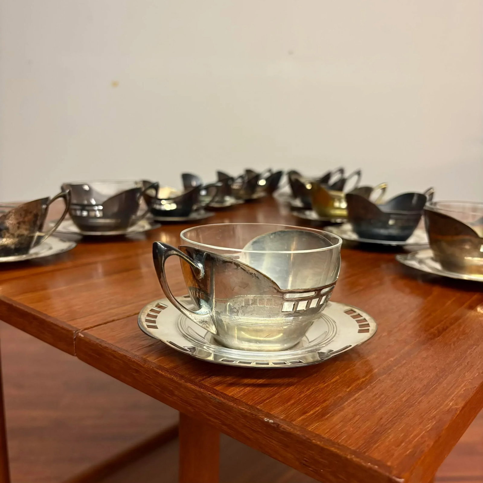 Argentor Vienna Silver Plate Cups and Saucers, Attributed to Josef Ofner 13 Cups, 11 Saucers, 3 Glas - 3