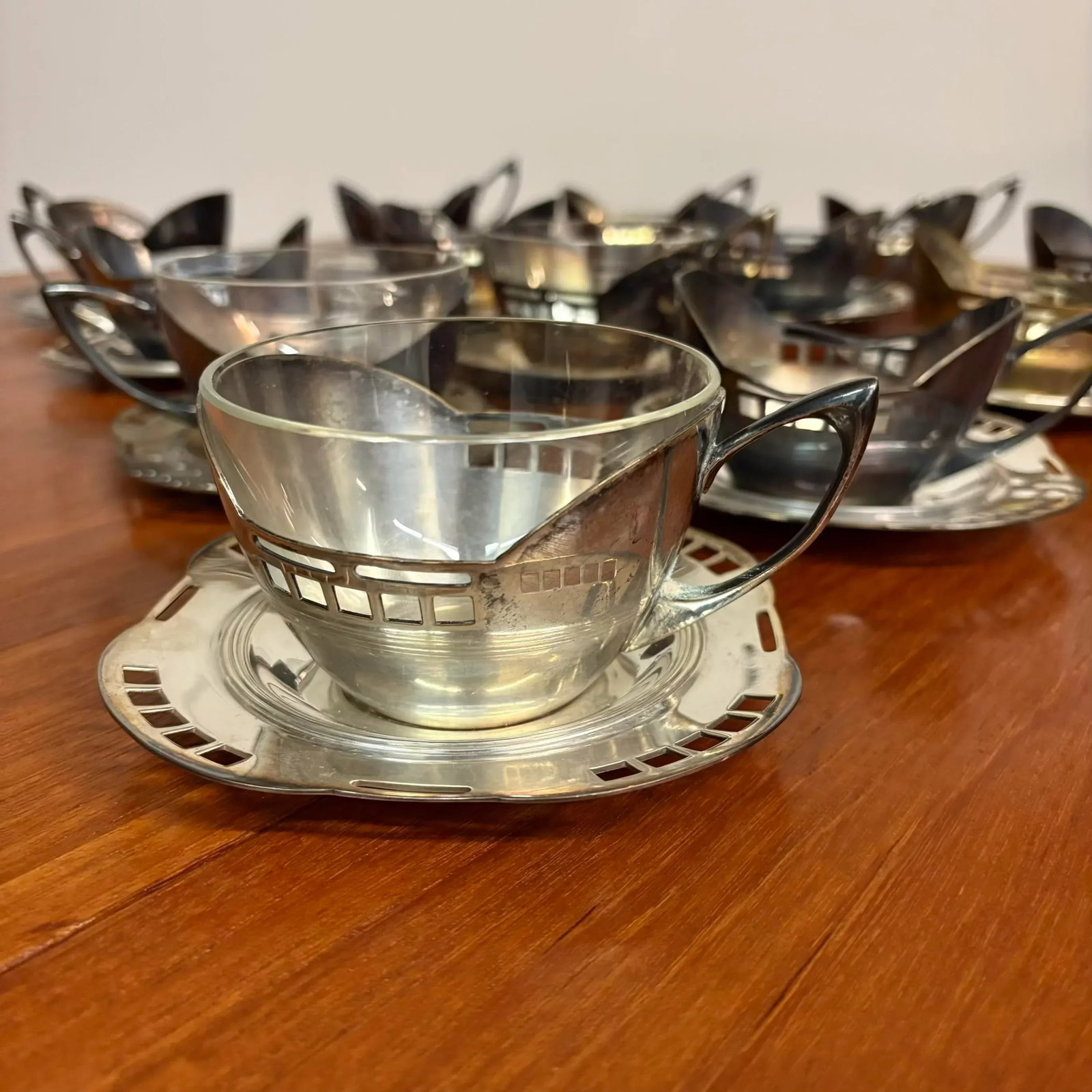 Argentor Vienna Silver Plate Cups and Saucers, Attributed to Josef Ofner 13 Cups, 11 Saucers, 3 Glas - 4