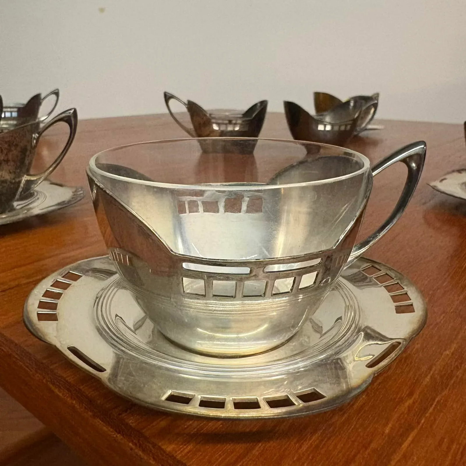 Argentor Vienna Silver Plate Cups and Saucers, Attributed to Josef Ofner 13 Cups, 11 Saucers, 3 Glas - 5