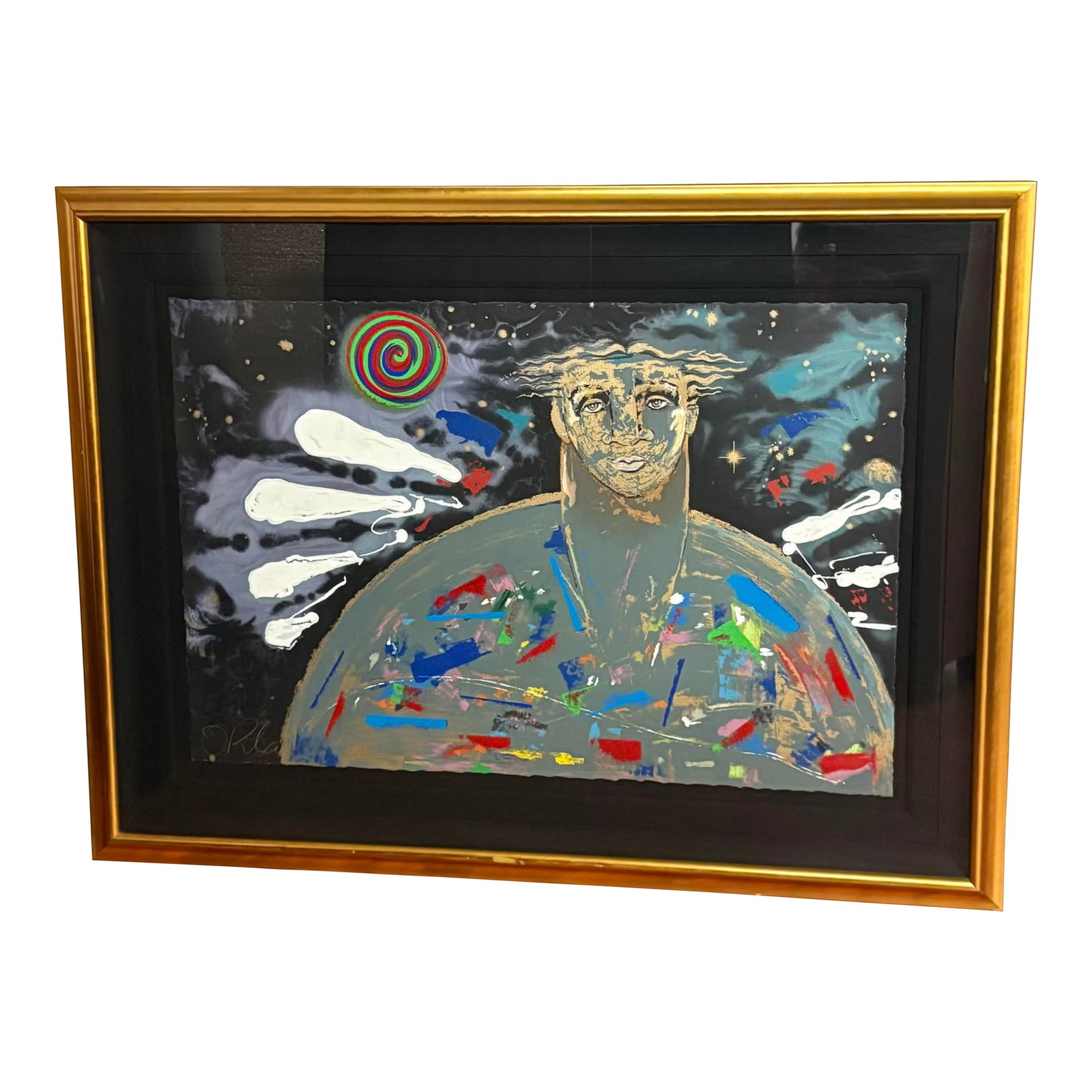 Orlando Agudelo-Botero Large Signed Enhanced Serigraph With Metallic Accents: Make a bold impression with this striking large-format serigraph by Colombian-American artist Orlando Agudelo-Botero. Known for his emotionally charged and spiritually symbolic work, Agudelo-Botero cr