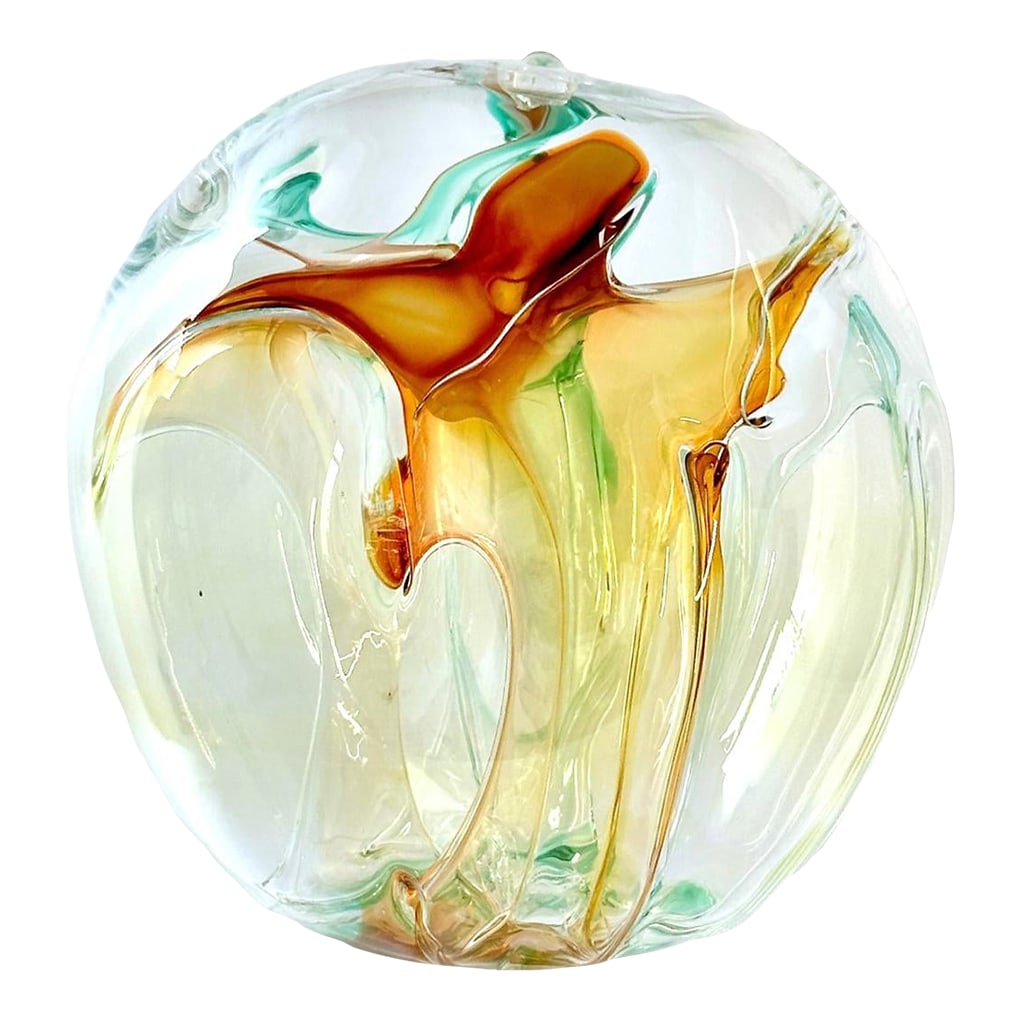 1996 Signed Peter Bramhall Large Glass Orb: Signed studio glass orb by Vermont-based glass artist Peter Bramhall, dated 22 July 1996. Known for his organic, free-blown forms, Bramhall"”who now creates under the name Paedra