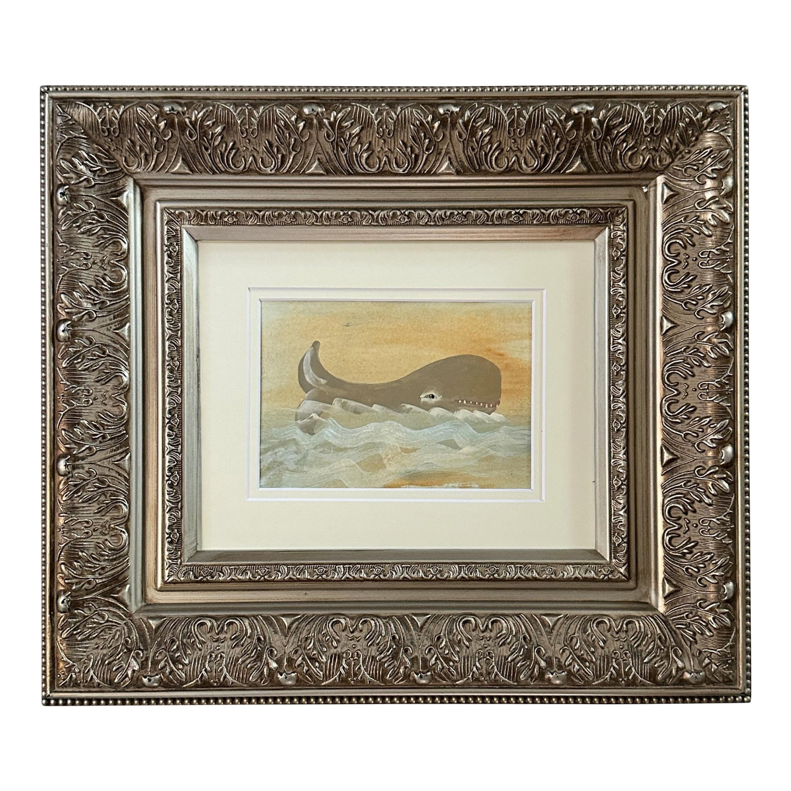 Vintage Folk Art Watercolor of a Whale: Folk art watercolor of a stylized whale riding soft, curling waves beneath a glowing ombré sky. Executed in a primitive maritime style with simplified form and gentle tonal layering, this