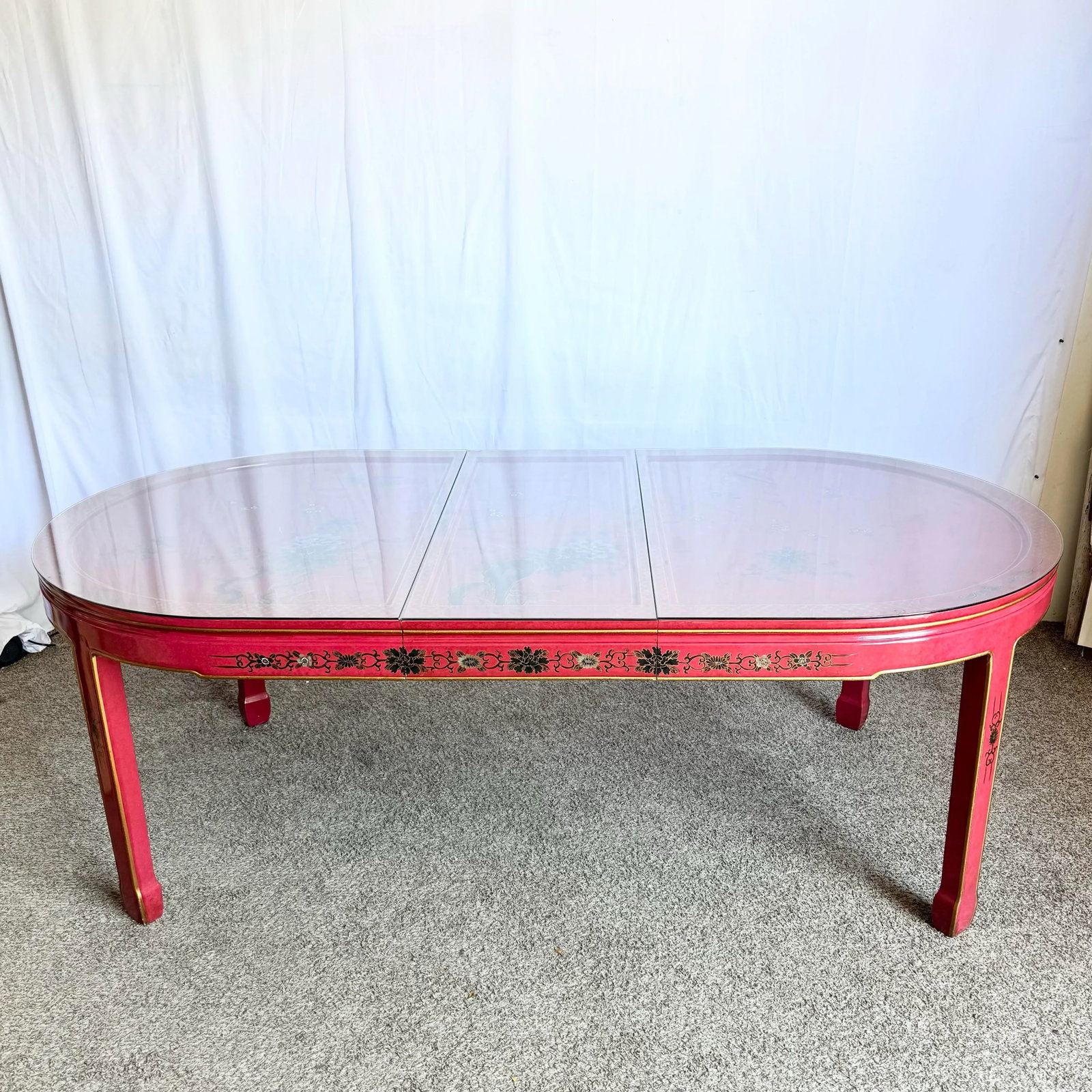 Chinese Red and Gold Lacquered Hand Painted Extendable Dining Table With Glass Top - 10