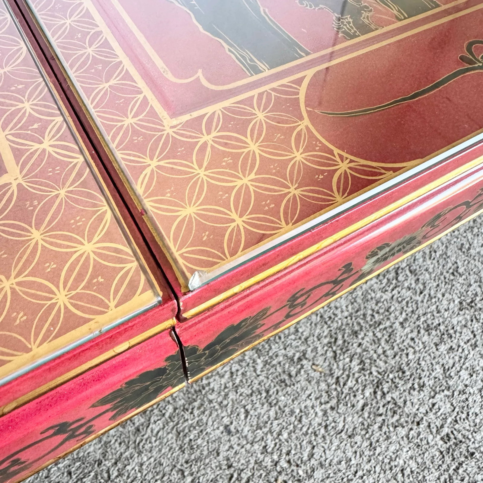 Chinese Red and Gold Lacquered Hand Painted Extendable Dining Table With Glass Top - 12