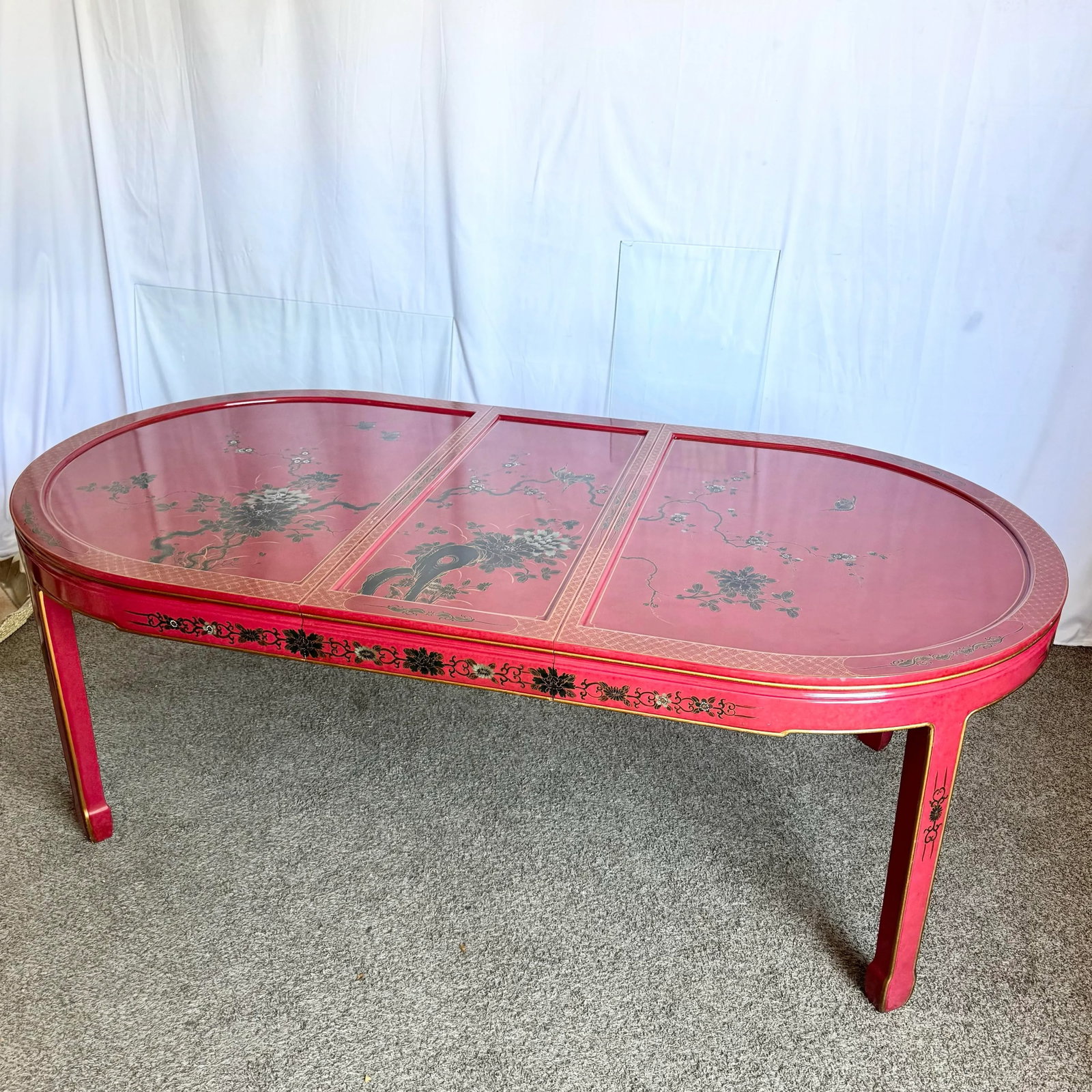Chinese Red and Gold Lacquered Hand Painted Extendable Dining Table With Glass Top - 2