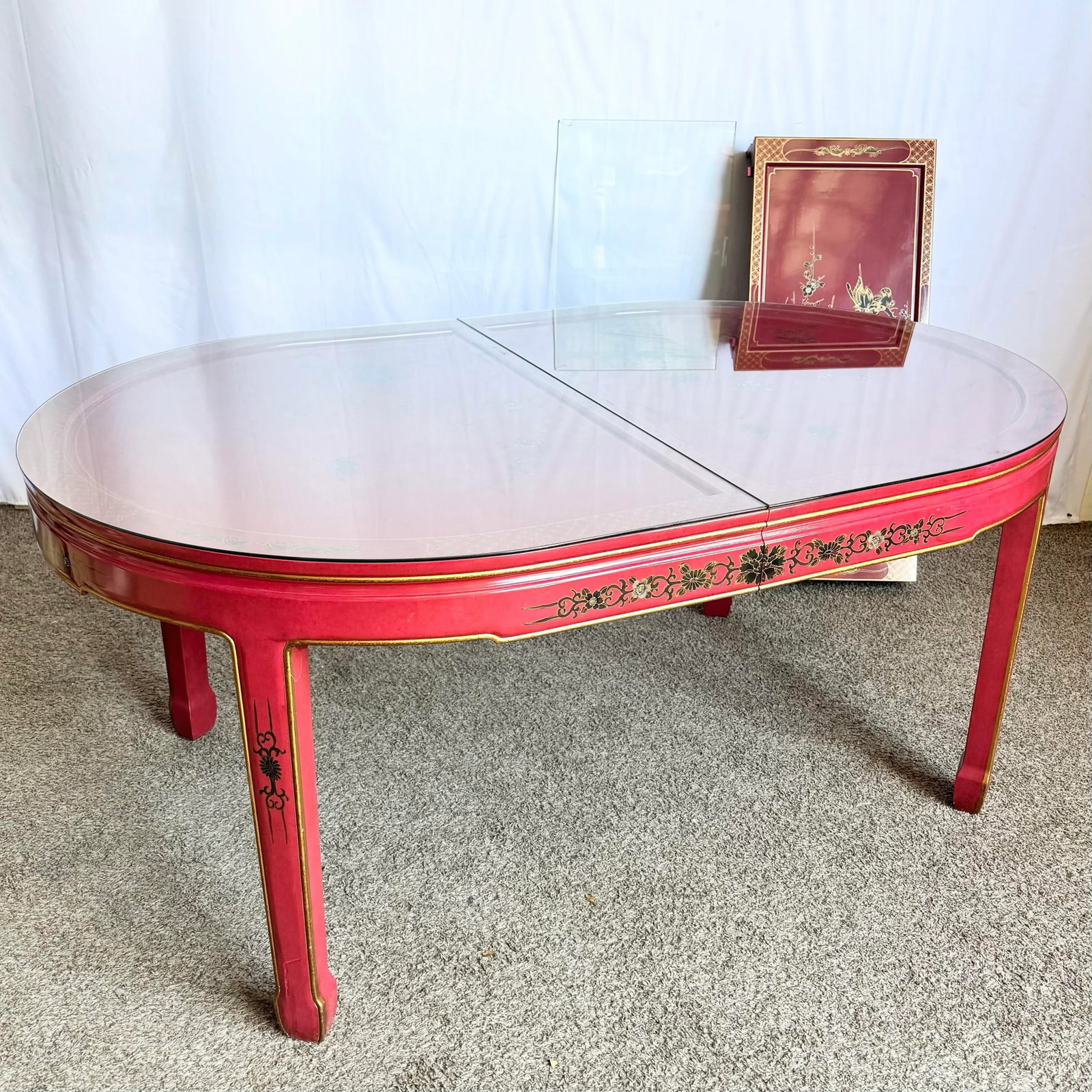 Chinese Red and Gold Lacquered Hand Painted Extendable Dining Table With Glass Top - 4