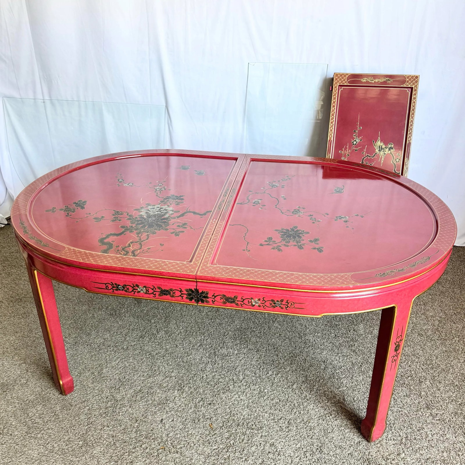Chinese Red and Gold Lacquered Hand Painted Extendable Dining Table With Glass Top - 5
