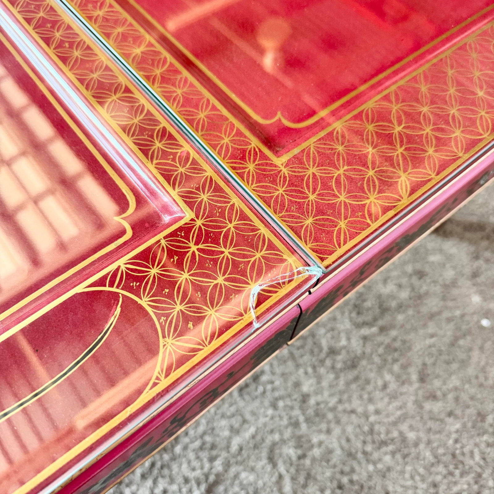 Chinese Red and Gold Lacquered Hand Painted Extendable Dining Table With Glass Top - 6