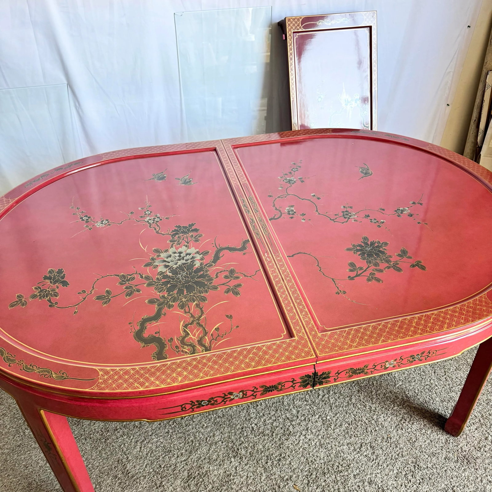 Chinese Red and Gold Lacquered Hand Painted Extendable Dining Table With Glass Top - 7