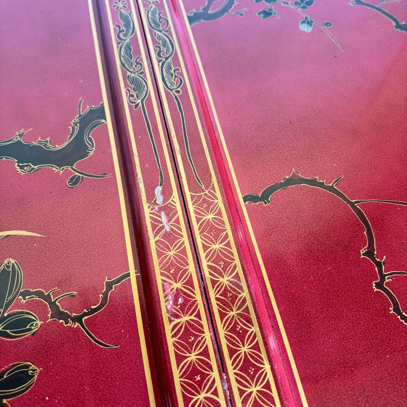 Chinese Red and Gold Lacquered Hand Painted Extendable Dining Table With Glass Top - 9