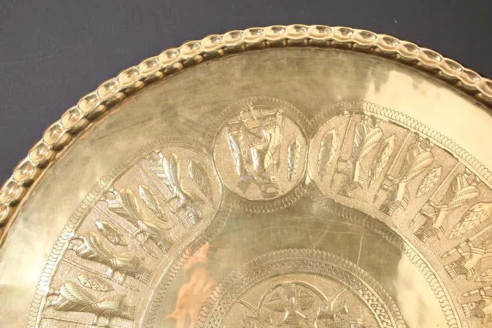 Large Handcrafted Middle Eastern Hammered Hanging Brass Tray - 11