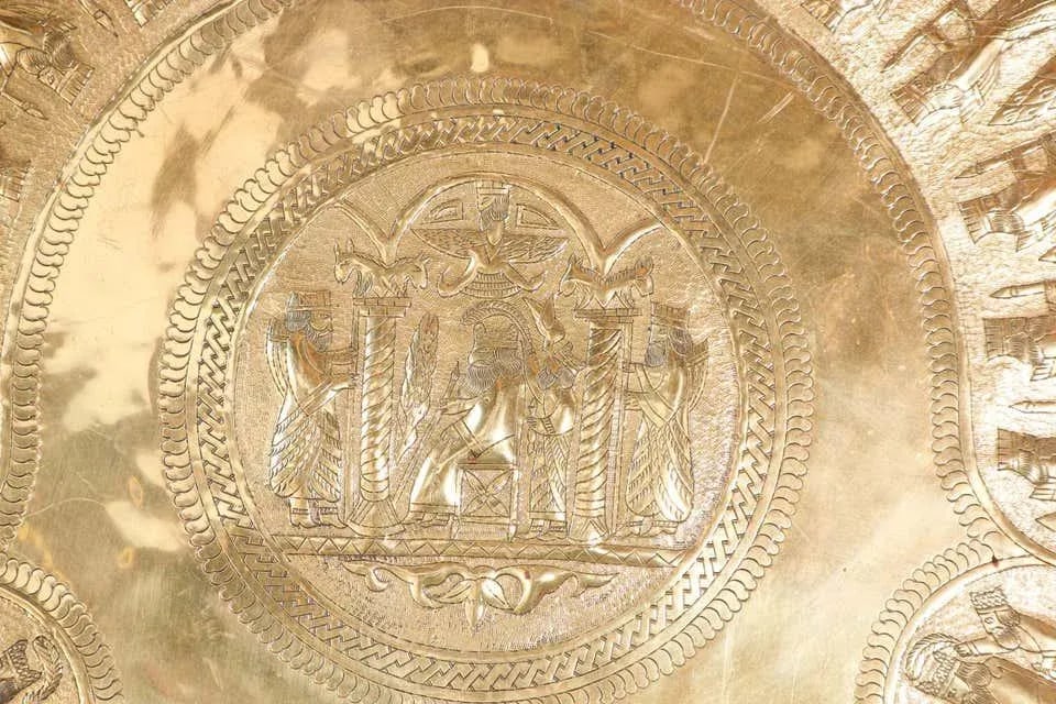 Large Handcrafted Middle Eastern Hammered Hanging Brass Tray - 4