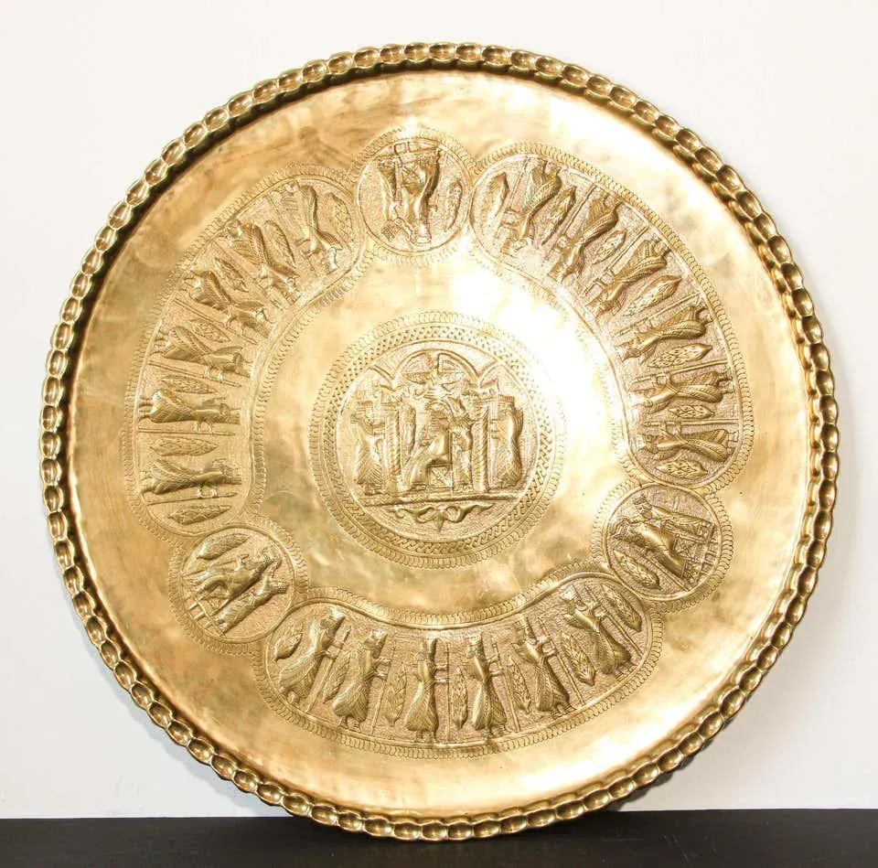 Large Handcrafted Middle Eastern Hammered Hanging Brass Tray - 5