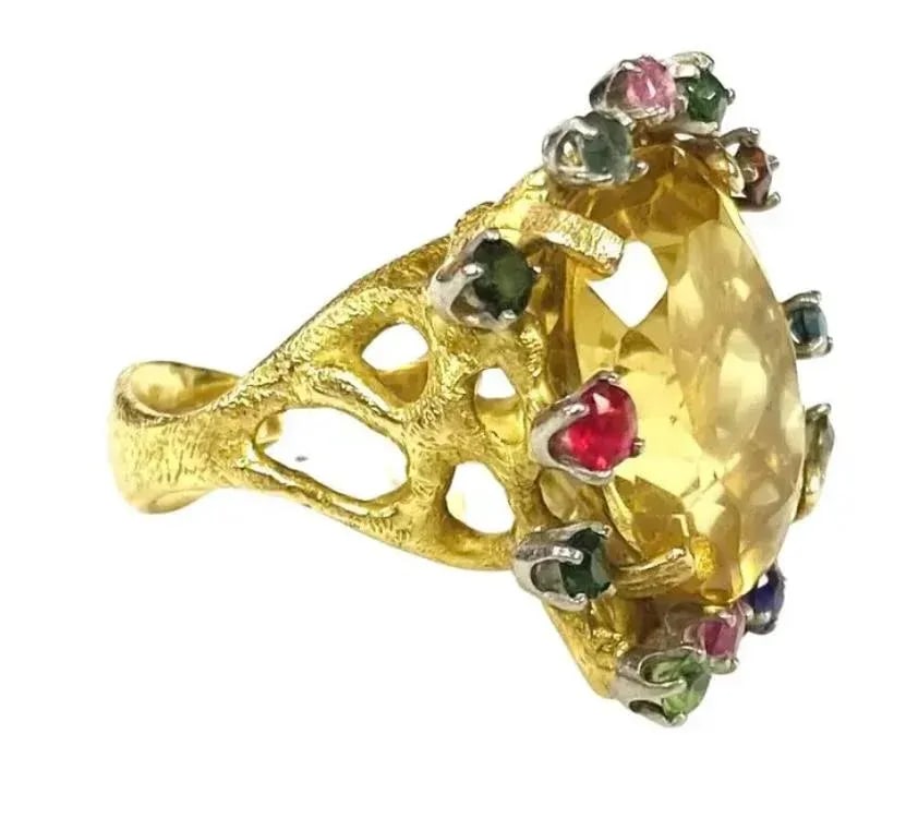 Large Citrine With Multiple Gemstones Ring 18k Yellow Gold - 2