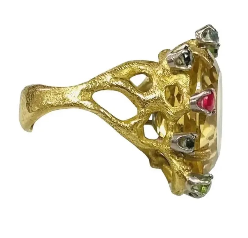 Large Citrine With Multiple Gemstones Ring 18k Yellow Gold - 4