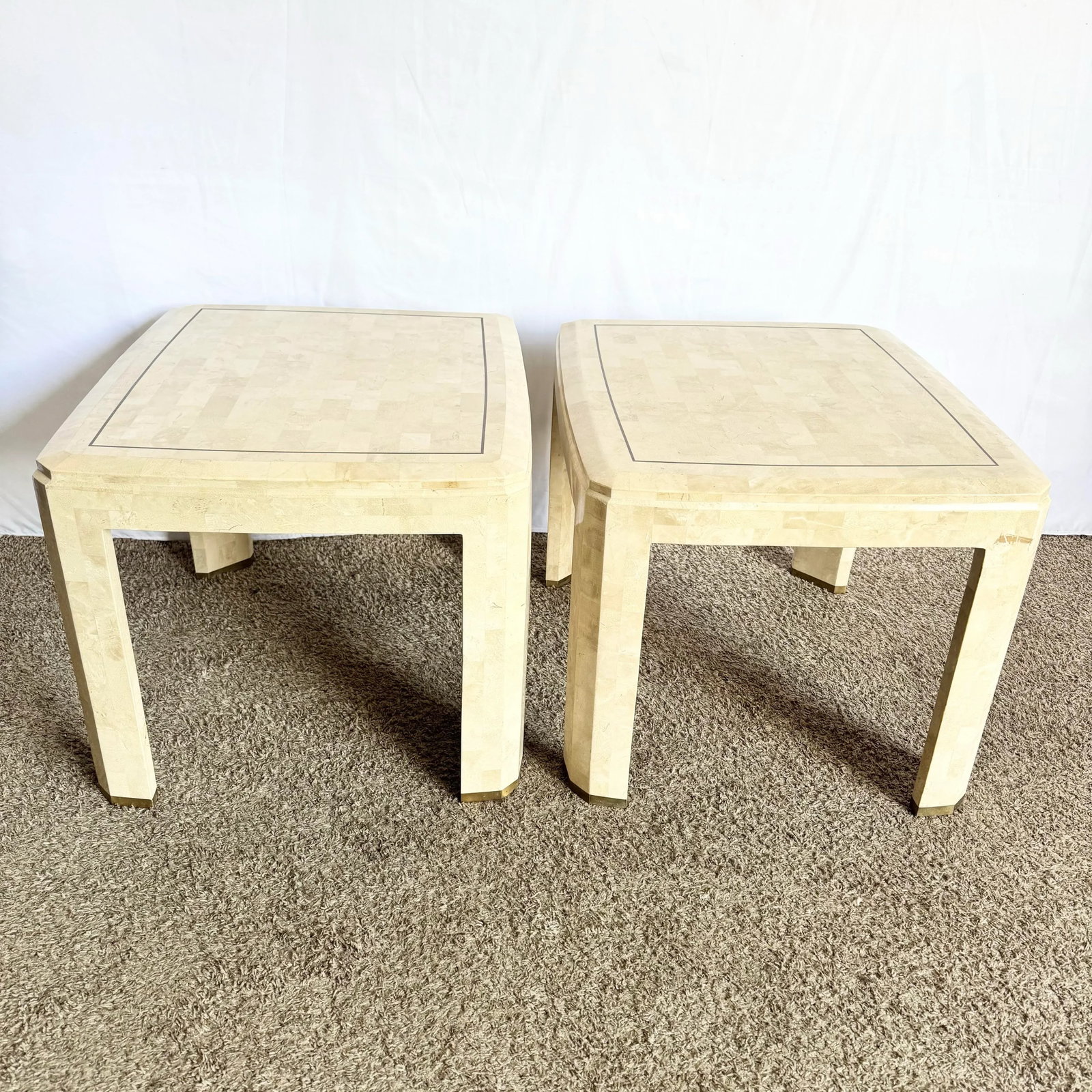 Postmodern Polished Tessellated Stone Side Tables With Brass Inlay - A Pair - 10