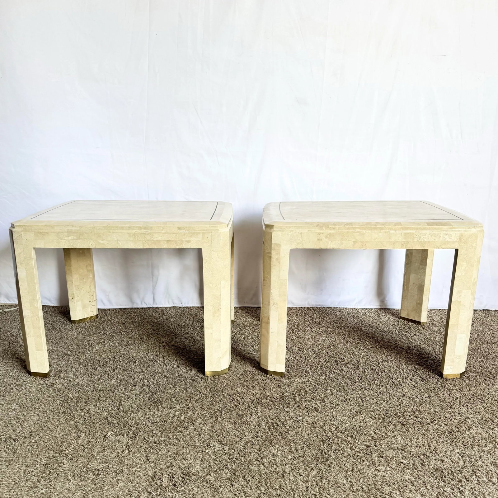 Postmodern Polished Tessellated Stone Side Tables With Brass Inlay - A Pair - 2