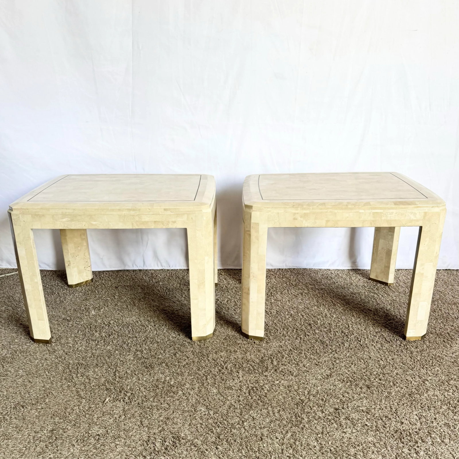 Postmodern Polished Tessellated Stone Side Tables With Brass Inlay - A Pair - 3