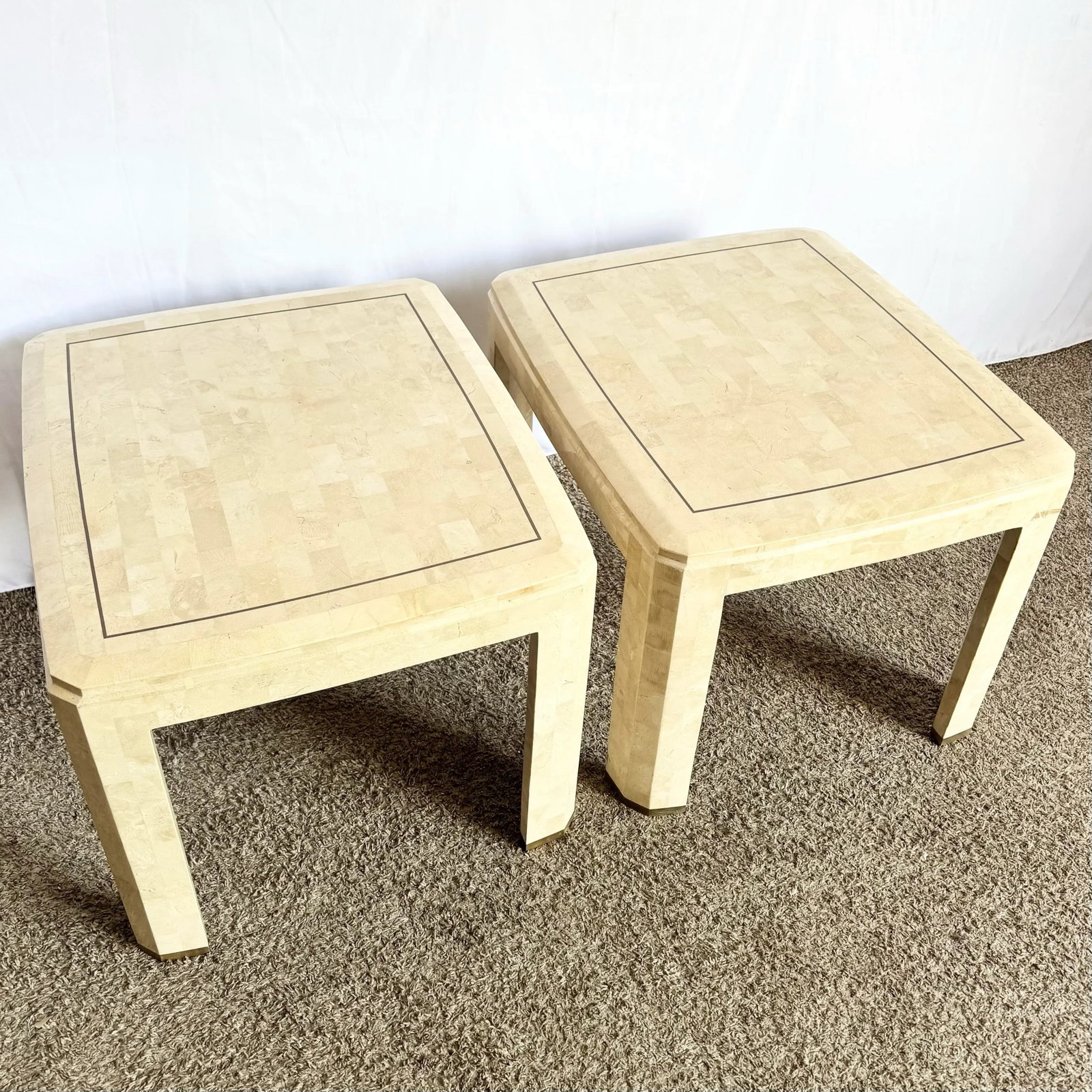Postmodern Polished Tessellated Stone Side Tables With Brass Inlay - A Pair - 4