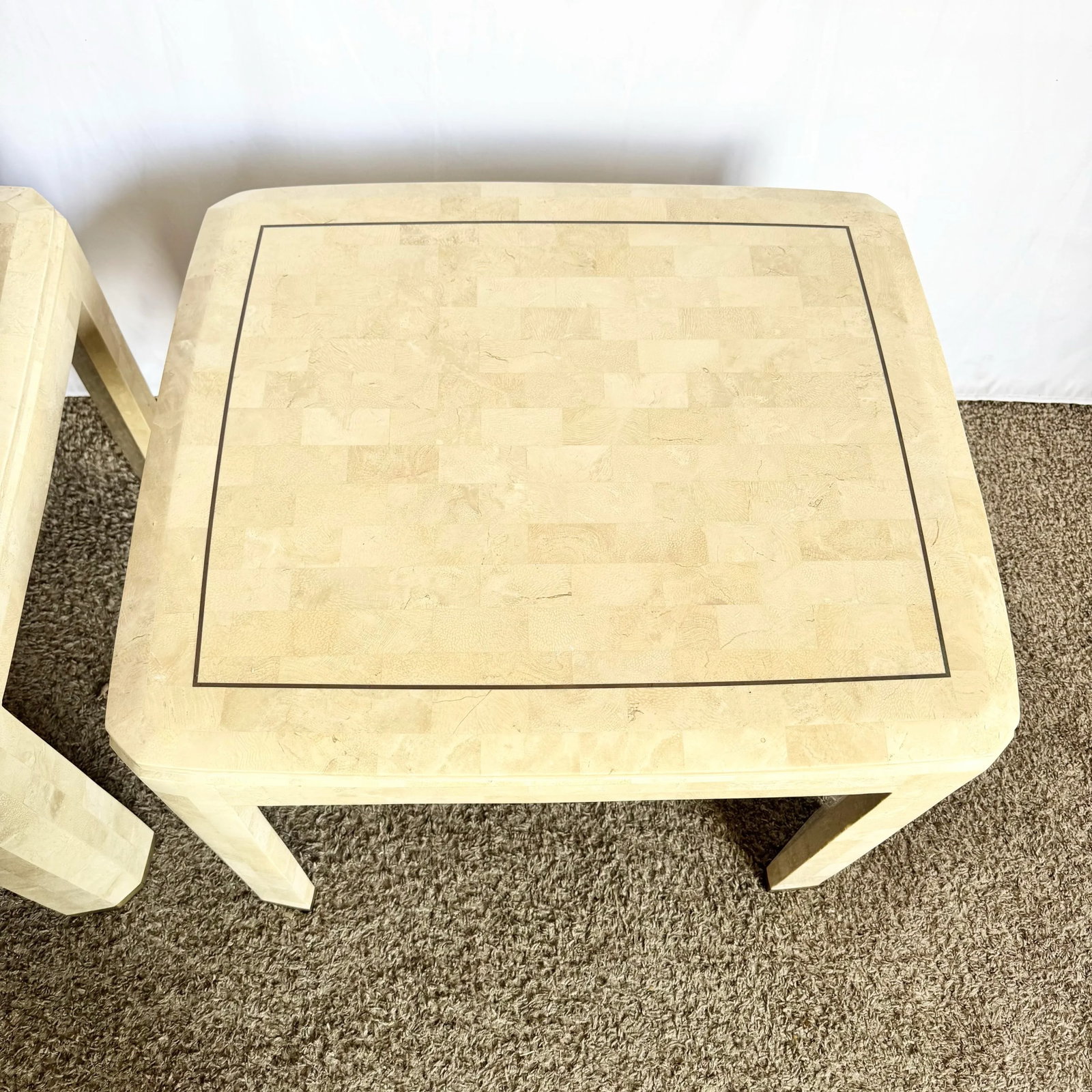 Postmodern Polished Tessellated Stone Side Tables With Brass Inlay - A Pair - 5
