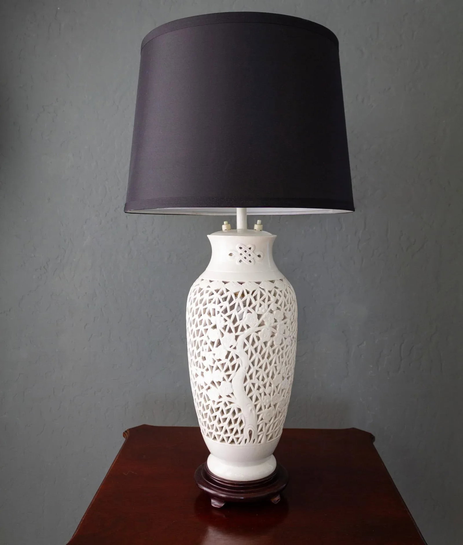Blanc De Chine Pierced Chinoiserie Lamp With Prunus Tree Plum Blossoms - 10