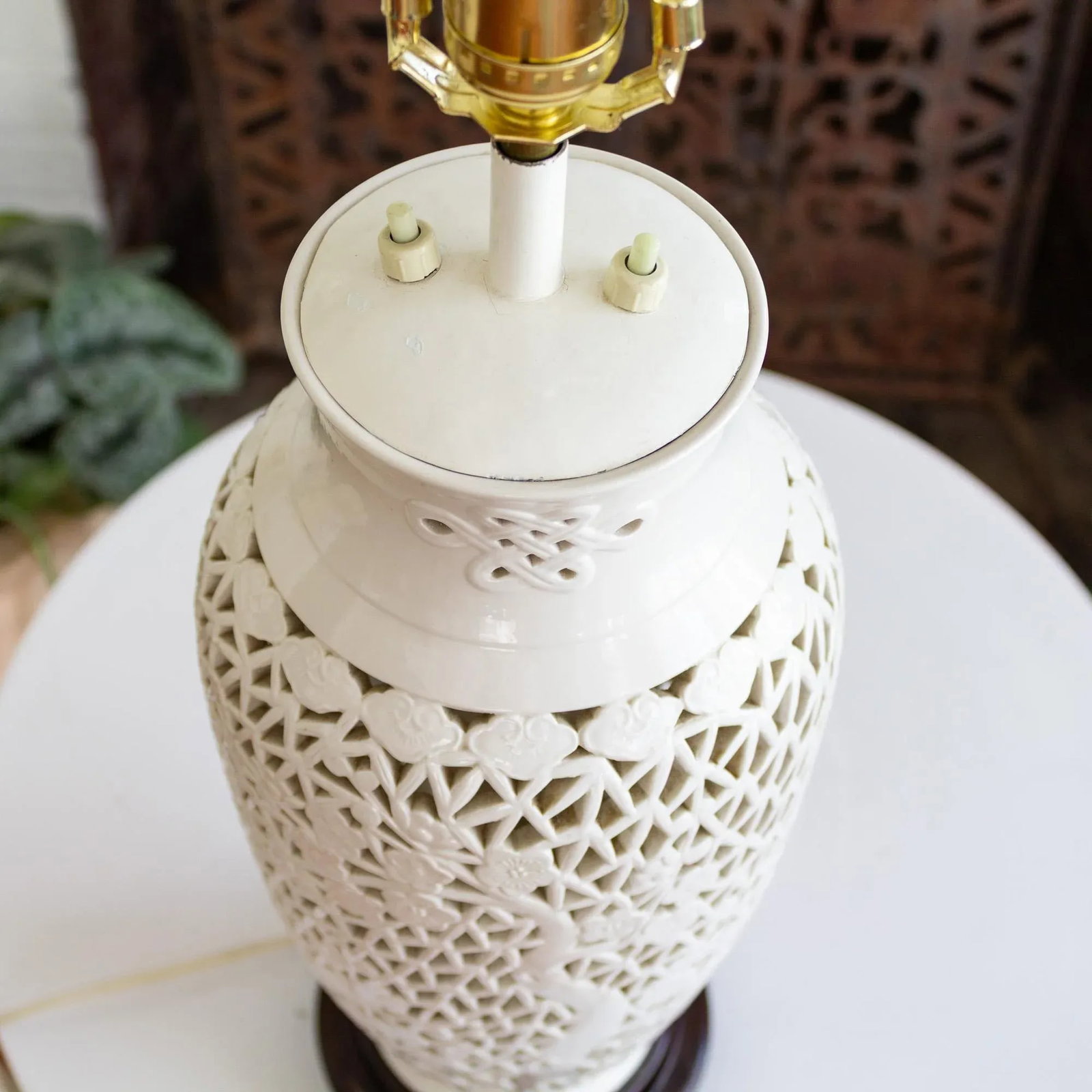 Blanc De Chine Pierced Chinoiserie Lamp With Prunus Tree Plum Blossoms - 16