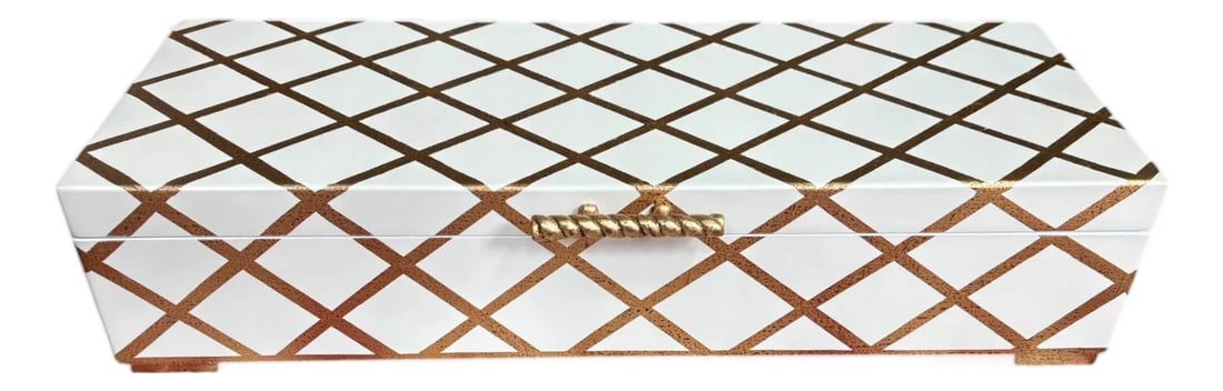 Chelsea House White and Gold Striped Showroom Sample Box: Chelsea House White and Gold Striped Showroom Sample Box This rectangle box is elegant yet simple. It has a white base coat with gold gilding in a diamond grid pattern. The brass tone hinges are