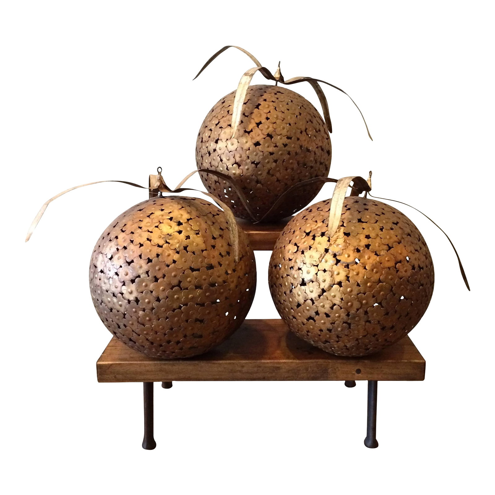 Set of 3, Mid 20th Century Gilt Metal Macy's Store Display Ball Ornaments: This set of 3 large, impressive painted steel decorative ball ornaments is from a Macy's Department store display, circa the 1960s. The balls are constructed of overlapping flowers that create the