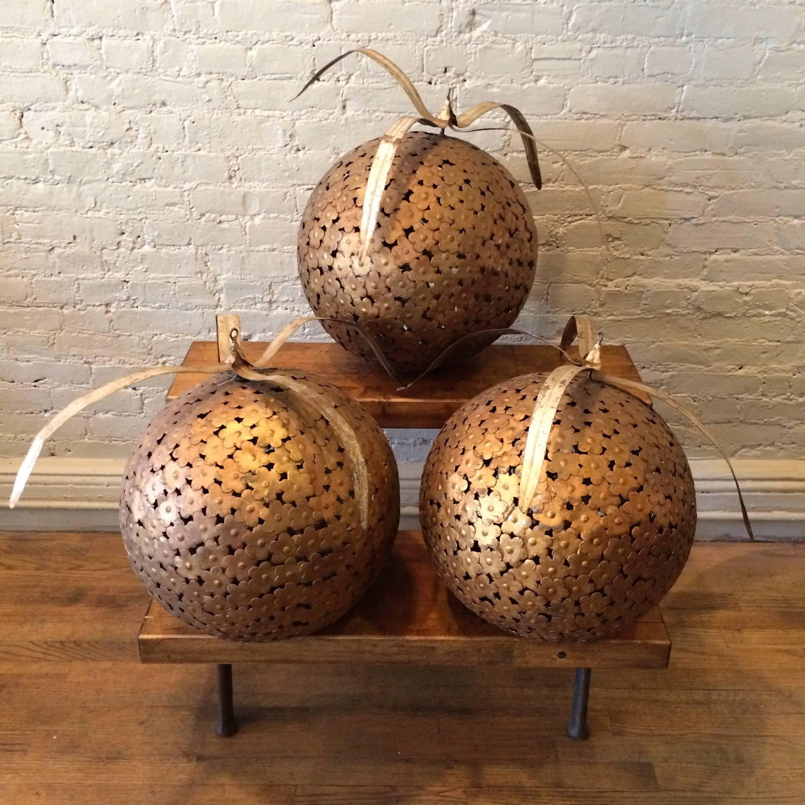 Set of 3, Mid 20th Century Gilt Metal Macy's Store Display Ball Ornaments - 2