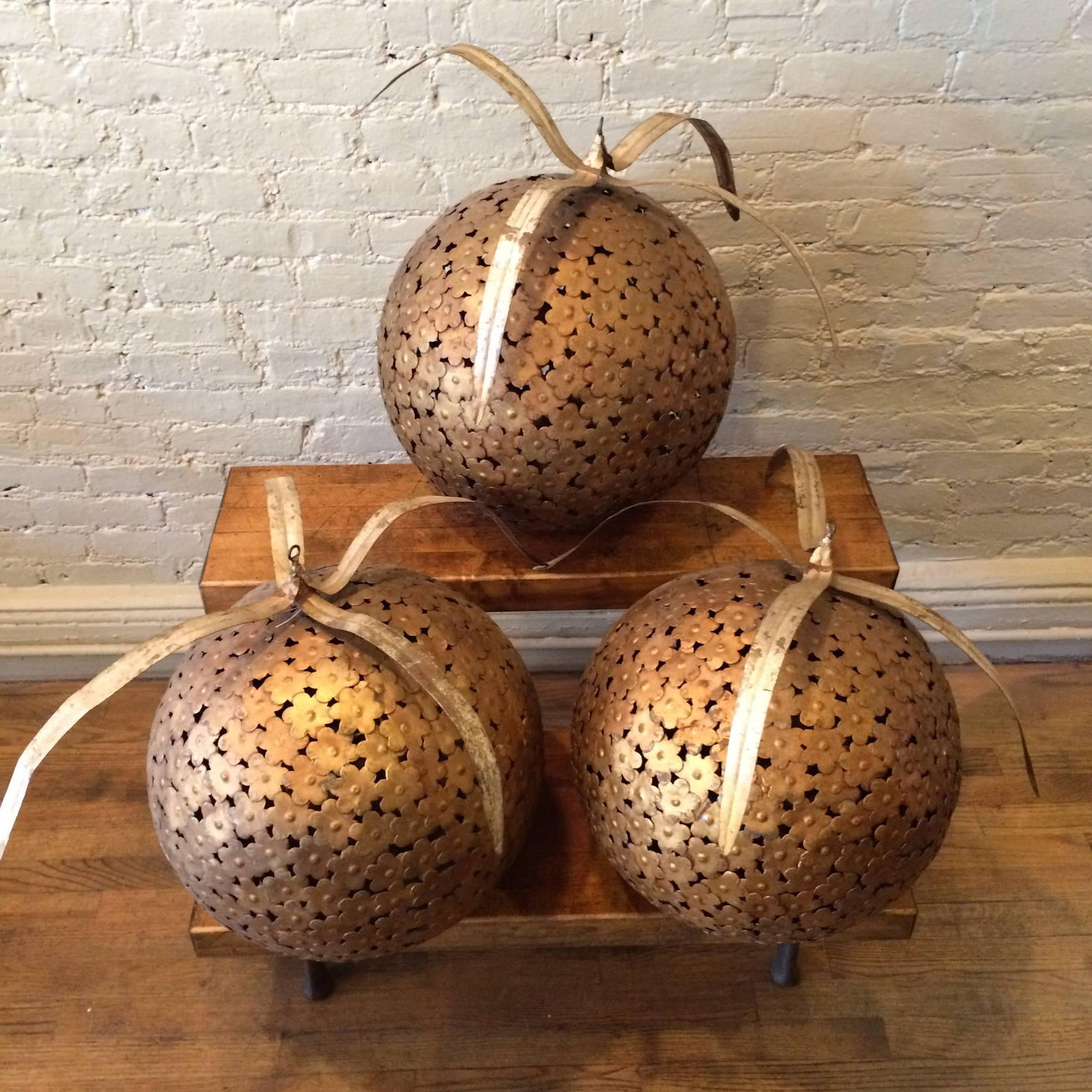 Set of 3, Mid 20th Century Gilt Metal Macy's Store Display Ball Ornaments - 3